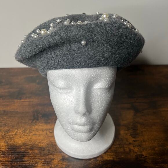 Marcus Adler New York Women's Beret Wool Blend Gray Beaded Pearls & Rhinestones - Picture 2 of 8
